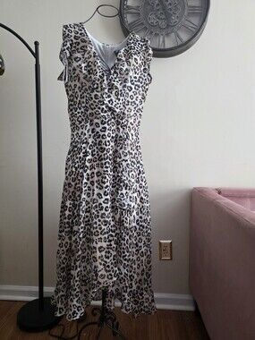 Leopard Print Ruffle Wrap Dress - Black & Cream Medium Size 8/10